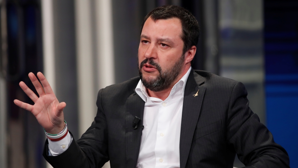 Northern League leader Salvini gestures during a television talk show in Rome [Remo Casilli/Reuters] 