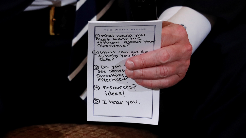 Trump prepared questions card for Wednesday's listening session includes a reminder to say 'I hear you' [Jonathan Ernst/Reuters]