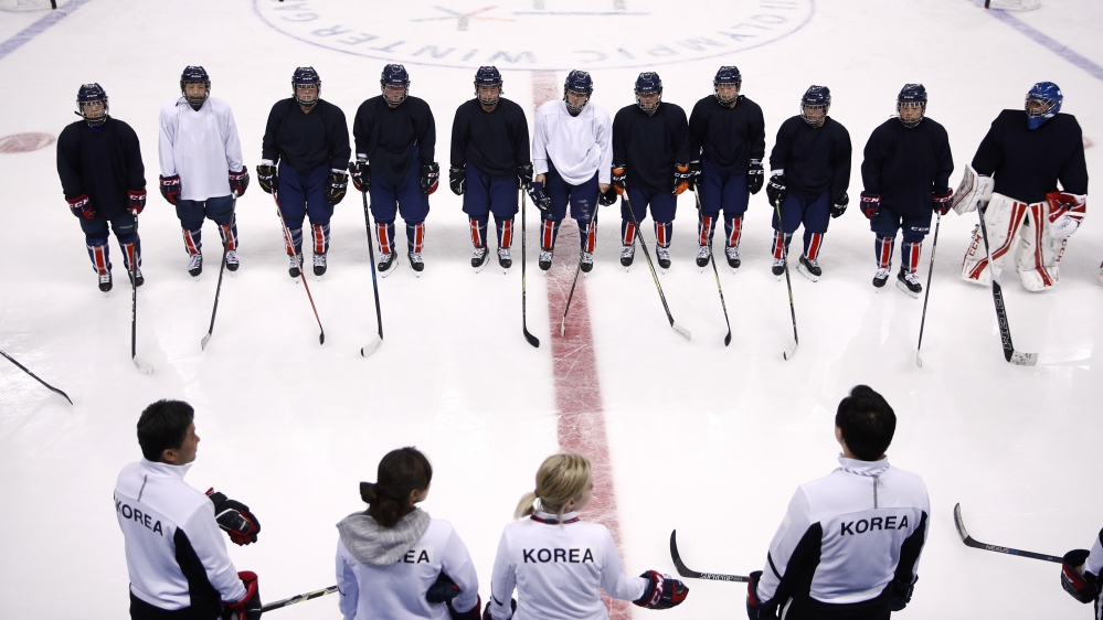 The joint Korean women's ice hockey players practice together [Jae C Hong/AP Photo]