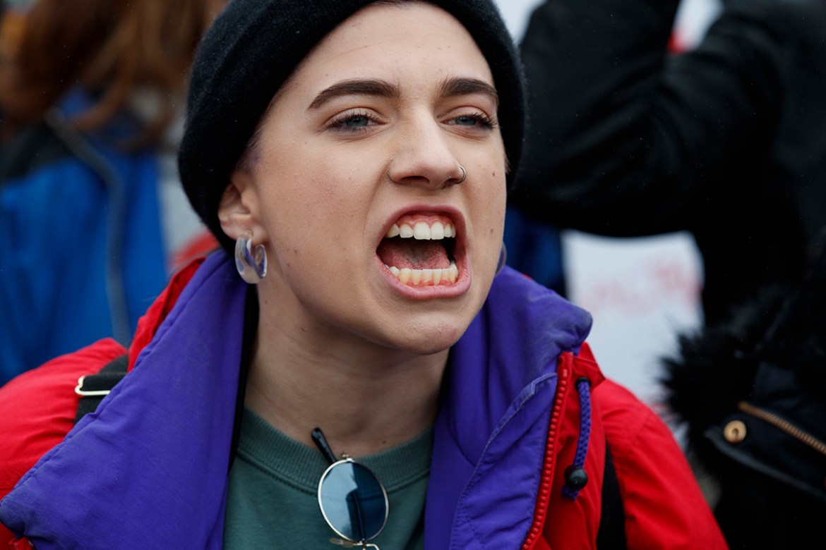 Jane Schwartz, 17, of West Springfield, Virginia, screams during a protest in favor of gun control reform in front of the White House, Monday, Feb. 19, 2018, in Washington. (AP Photo/Evan Vucci)