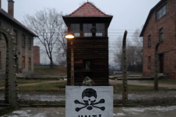 A sign reading "Stop!" in German and Polish is seen at the former Nazi German concentration and extermination camp Auschwitz in Oswiecim, Poland.