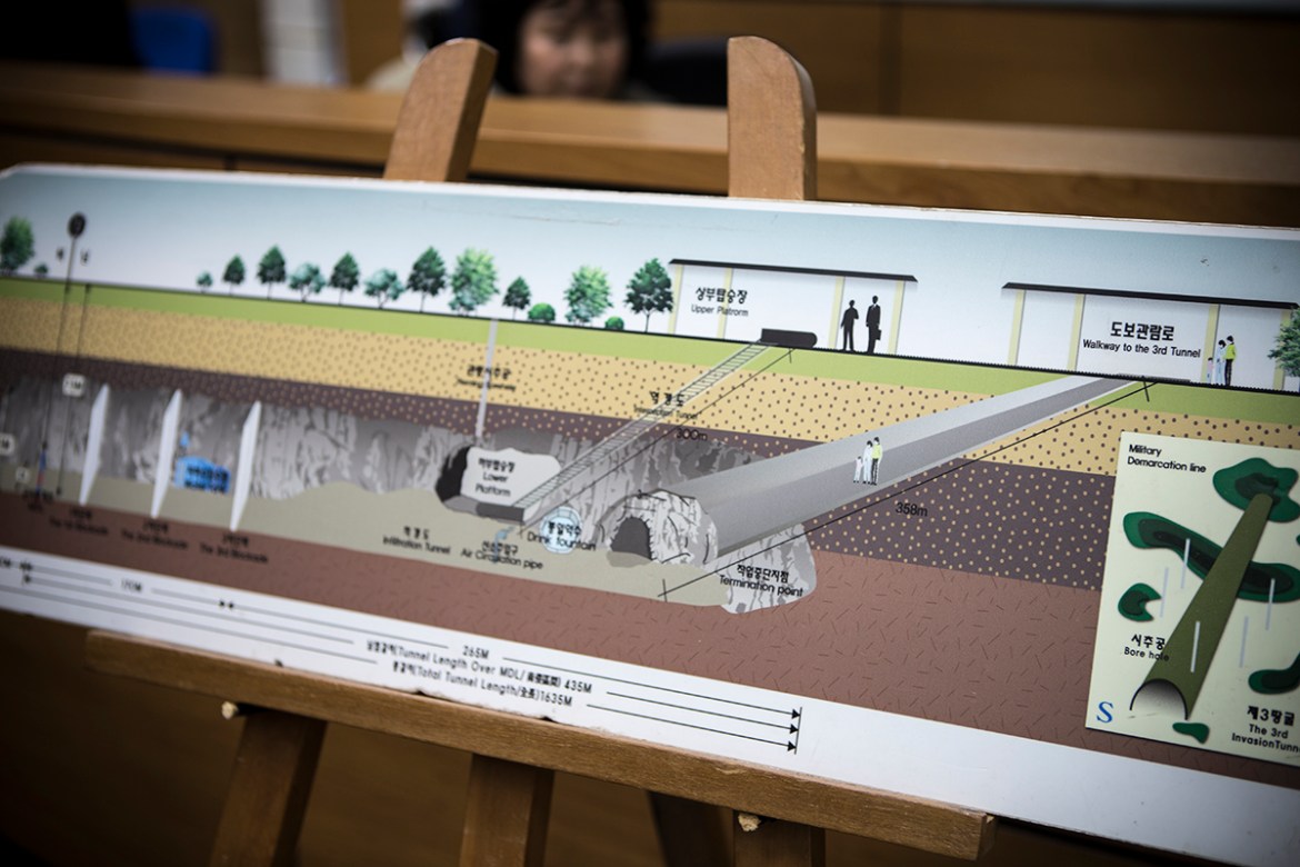 The Third Infiltration Tunnel, now a tourist spot, is 240m below the surface. South Korea has installed three blockades in the tunnel, the last one just 170m from the border, to block any plans North
