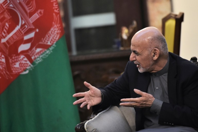 Afghan President Ashraf Ghani speaks during a meeting with US Vice President Mike Pence at the Presidential Palace in Kabul