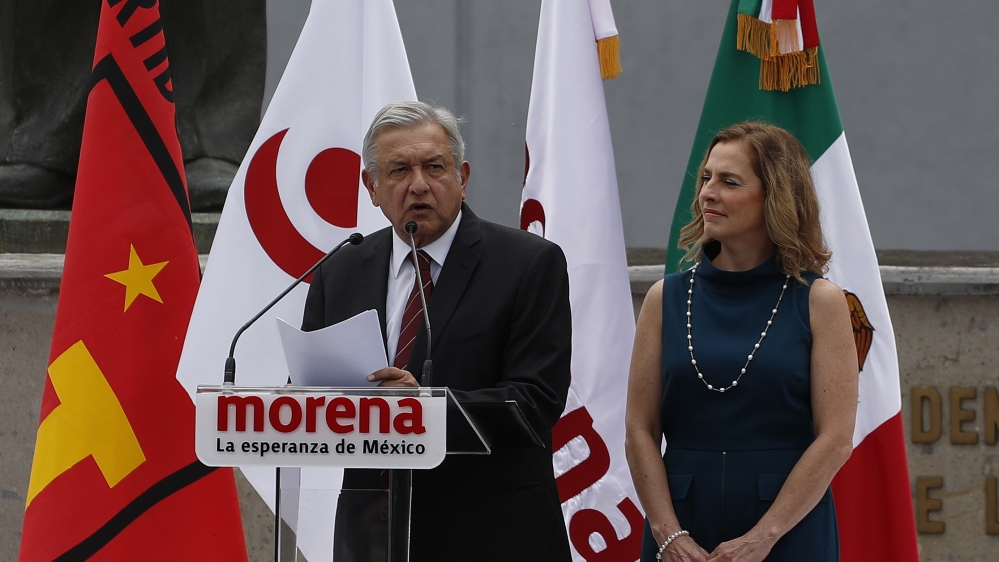 Presidential candidate Andres Manuel Lopez Obrador of the MORENA party speaks after formalising his candidacy at the National Electoral Institute in Mexico City, Friday [Eduardo Verdugo/AP] 