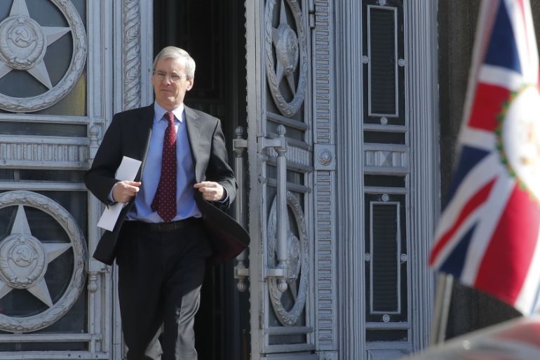 British Ambassador to Russia Laurie Bristow leaves the Russian foreign ministry building in Moscow