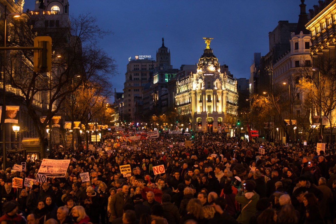 Thousands march during a protest in Madrid, Saturday, March 17, 2018. During the protest people demanded better pensions, the right to have a fair pension guaranteed by the Spanish constitution and al