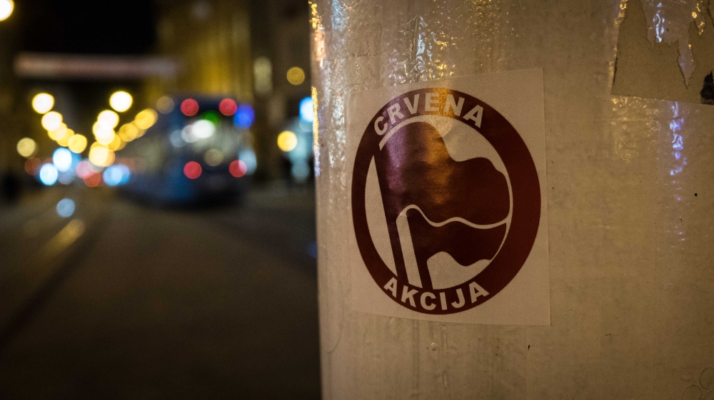 An anti-fascist sticker is posted on a pillar in central Zagreb [Patrick Strickland/Al Jazeera]