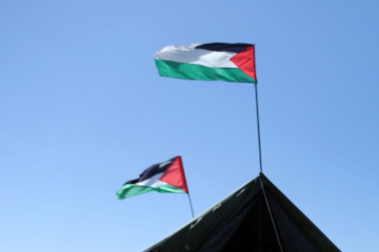 Palestinian protest tent near the border with Israel, in the southern Gaza Strip