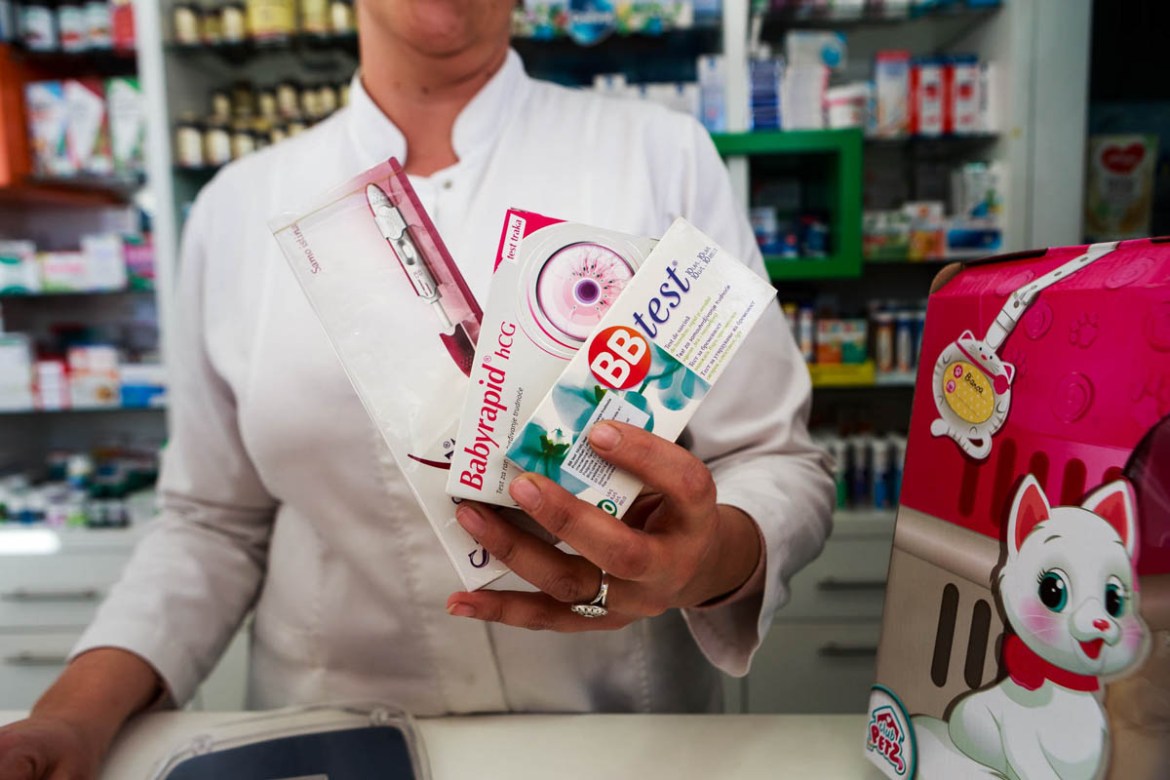 Pregnancy testing kits in a pharmacy in a small town near Ulcjini.