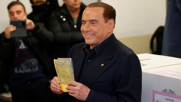 Silvio Berlusconi, party leader of Forza Italia, cast his vote at a polling station in Milan