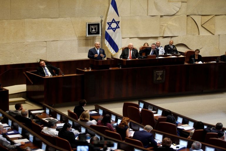 A general view shows the plenum, as Israel''s Prime Minister Benjamin Netanyahu speaks at Knesset
