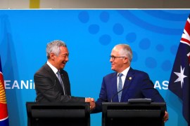 Australian Prime Minister Malcolm Turnbull shakes hands with Prime Minister of Singapore Lee Hsien Loong during their media conference during the one-off ASEAN summit in Sydney