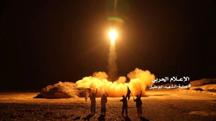 DO NOT USE: Photo distributed by the Houthis shows the launch of a ballistic missile aimed at Saudi Arabia