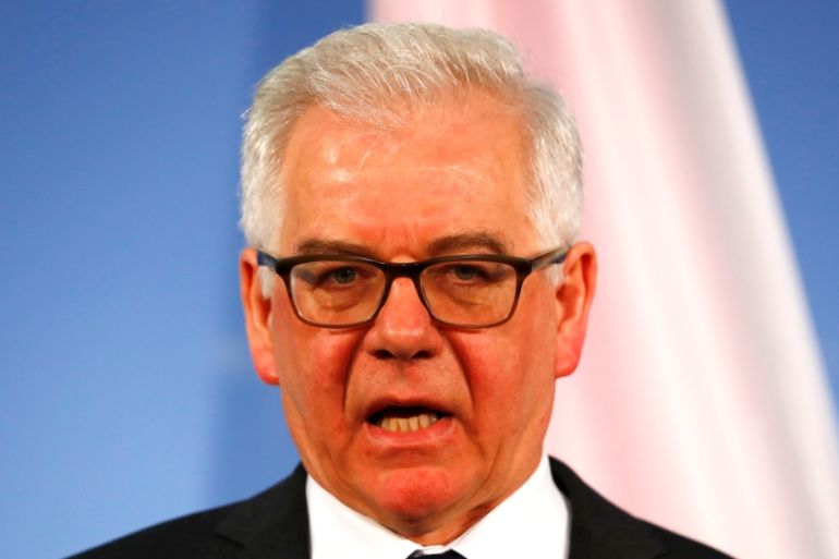 Polish Foreign Minister Jacek Czaputowicz speaks after meeting with his German counterpart Sigmar Gabriel in Berlin