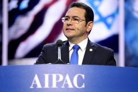 Guatemalan President Jimmy Morales speaks to the American Israel Public Affairs Committee AIPAC Policy Conference in Washington, DC