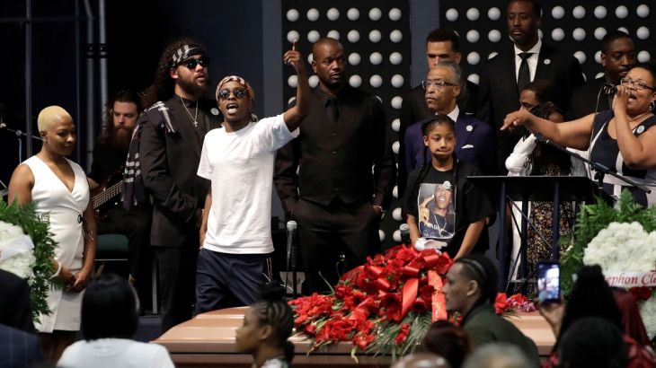 Stevante Clark gestures during the funeral services for police shooting victim Stephon Clark at Bayside Of South Sacramento Church in Sacramento
