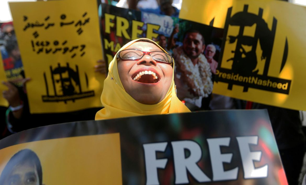A supporter of former Maldivian president Mohamed Nasheed shouts slogans during a protest against the current president of the Maldives Abdulla Yameen, demanding the release of opposition political pr
