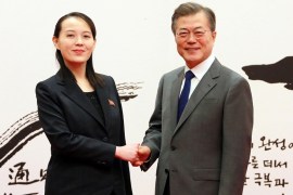 South Korean President Moon Jae-in shakes hands with Kim Yo Jong, the sister of North Korea''s leader Kim Jong Un, in Seoul,