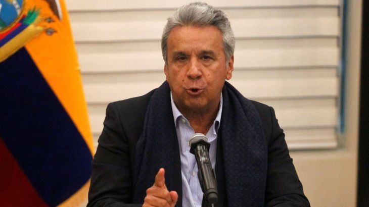 Ecuador''s President Lenin Moreno gives a news conference upon his arrival at the airport in Quito
