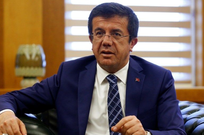 Turkey''s Economy Minister Nihat Zeybekci speaks during an interview with Reuters in Ankara