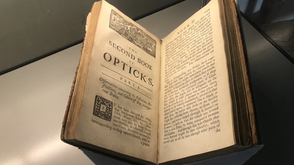 One of the earliest copies of Sir Isaac Newton's book Opticks in Woolsthorpe Manor museum in the town of Grantham in Midlands, United Kingdom [Anadolu]