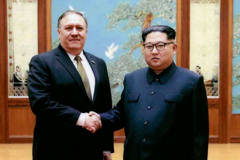 White House, then-CIA director Mike Pompeo shakes hands with North Korean leader Kim Jong Un in Pyongyang, North Korea, during a 2018 Easter weekend trip [White House/AP]