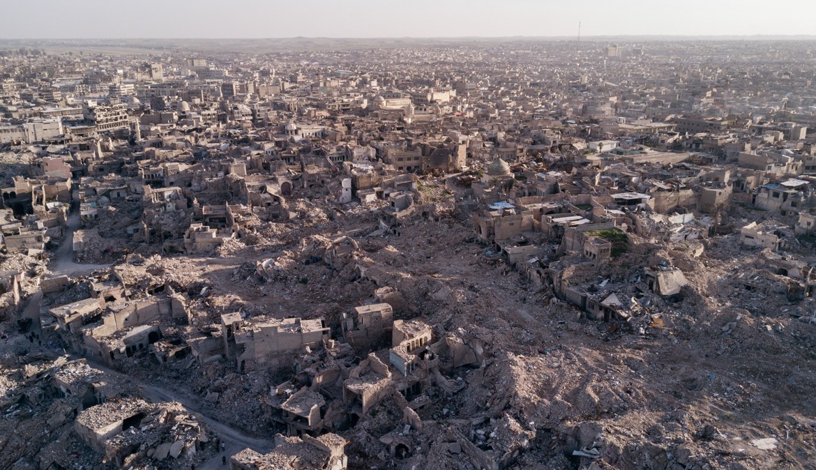 Aerial view of Mosul’s old city. The area was heavily bombarded by the US led coalition and left almost all buildings destroyed. Colonel Hassan, 47, chief of Mosul’s civil defence estimates that there