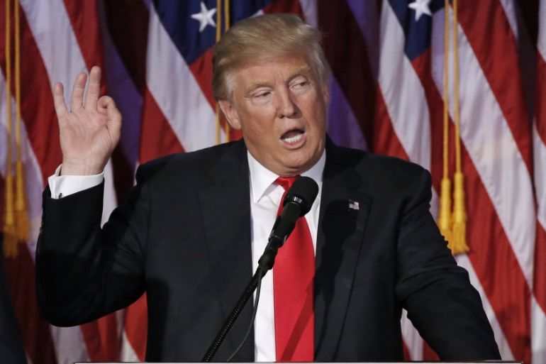 U.S. President elect Donald Trump speaks at election night rally in Manhattan, New York, U.S., November 9, 2016. [Mike Segar/Reuters]