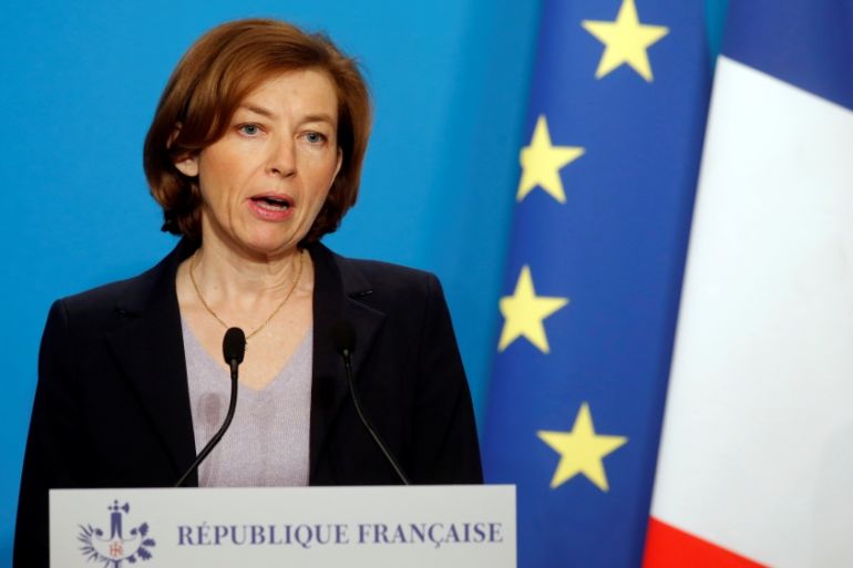 French Minister of the Armed Forces Florence Parly makes an official statement in the press room at the Elysee Palace in Paris