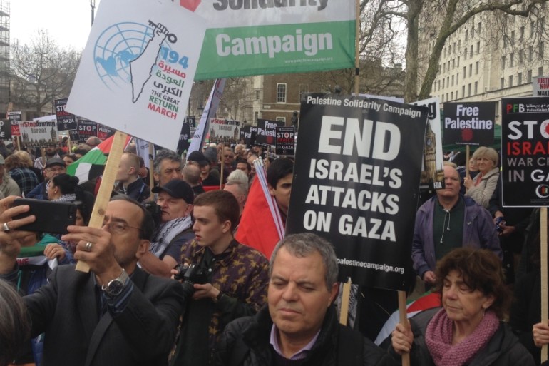Protesters in London denounce massacre of Palestinians in Gaza