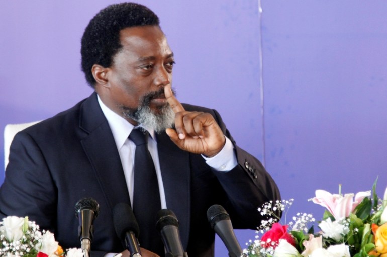 Democratic Republic of Congo''s President Joseph Kabila addresses a news conference at the State House in Kinshasa