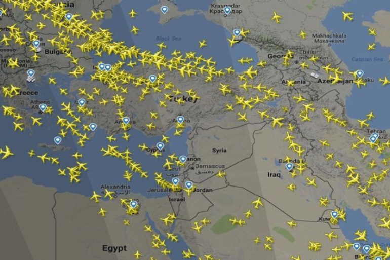A map showing diverted flights after Euroncontrol issued warning to avoid Syria [FlightRadar24]