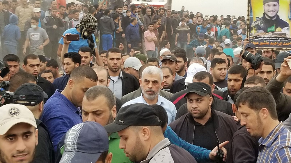 Yahya Sinwar, leader of Hamas in the Gaza Strip, made another rare public appearance on Friday at a protest near Gaza city [Bernard Smith/Al Jazeera]
