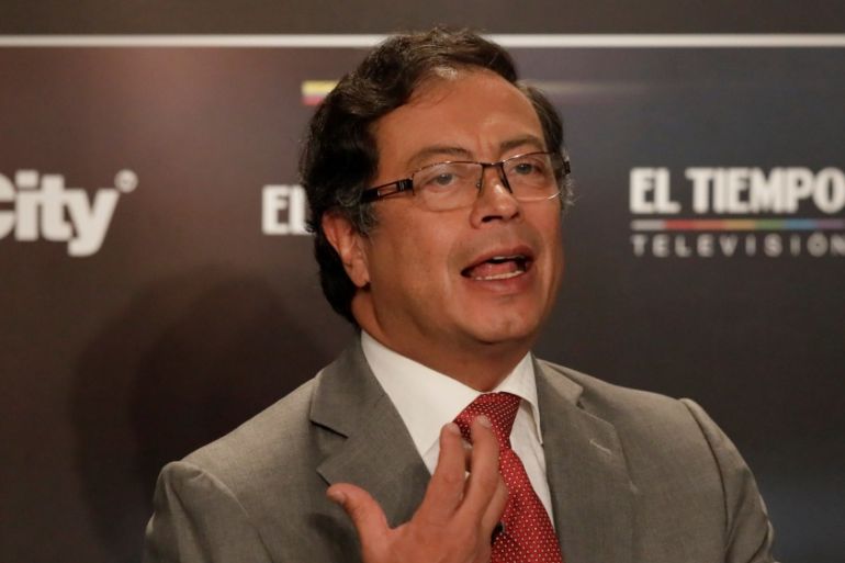 Colombian presidential candidate Gustavo Petro takes part in a presidential debate at El Tiempo newspaper in Bogota