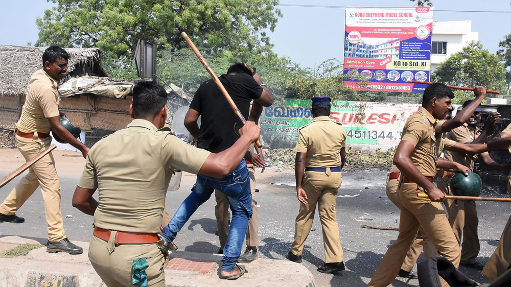 Indian police clash with protesters demanding the closure of the copper factory [Arun Sankar/AFP/Getty Images]