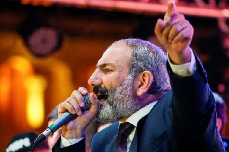 Armenian opposition leader Pashinyan addresses supporters during a rally in Yerevan