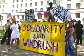 A protest was held in support of the Windrush community in Central London on May 5, 2018. [Claire Gilbody-Dickerson/ Al Jazeera]