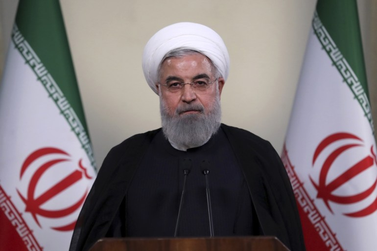 Iranian President Hassan Rouhani addresses the nation in a televised speech in Tehran, Iran, Tuesday, May 8, 2018. [Iranian Presidency Office/AP]