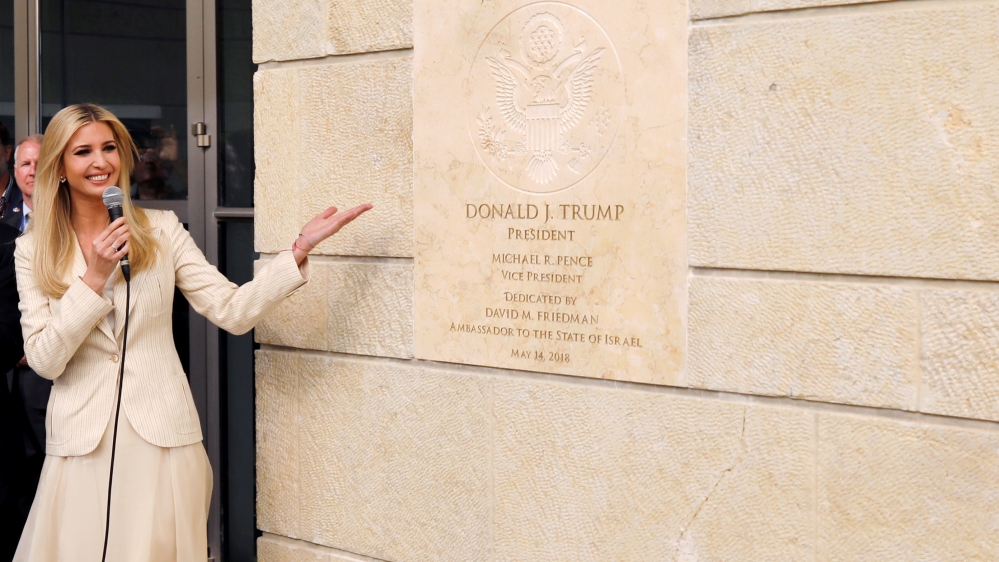 Senior White House Adviser Ivanka Trump gestures as she stands next to the dedication plaque at the U.S. embassy in Jerusalem, during the dedication ceremony of the new U.S. embassy in Jerusalem