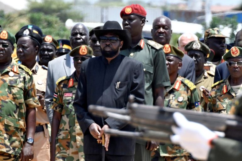 South Sudan''s President Salva Kiir arrives to receive the dead body of army chief General James Ajongo Mawut, at Juba airport