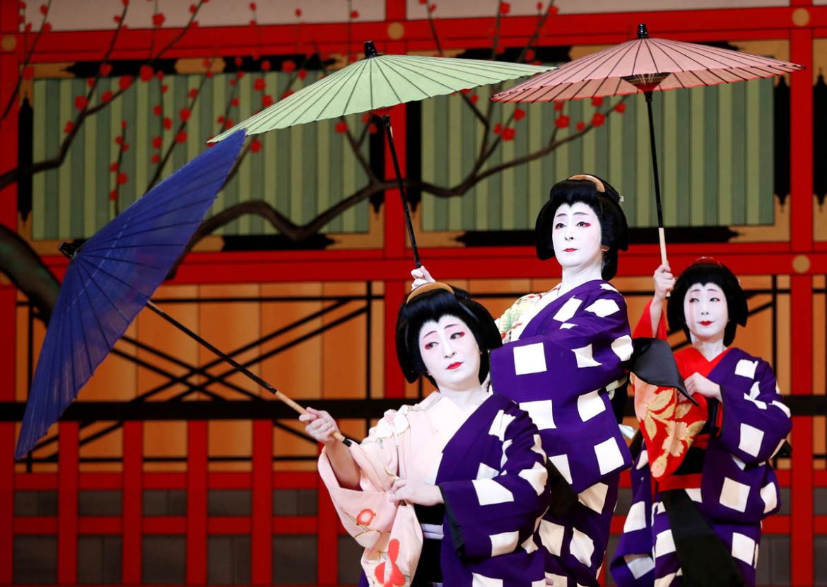 Geishas, traditional Japanese female entertainers, perform their dance during a press preview of the annual Azuma Odori Dance Festival at the Shinbashi Enbujo Theater in Tokyo, Japan May 23, 2018. REU
