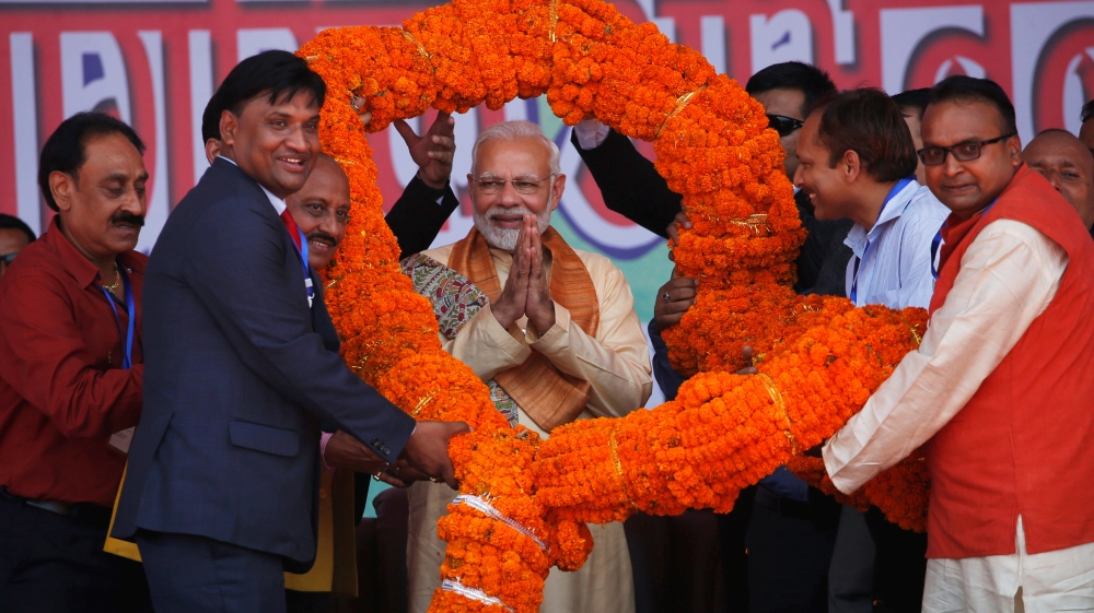 Modi was feted in public functions by municipalities of Kathmandu and Janakpur [Navesh Chitrakar/Reuters]