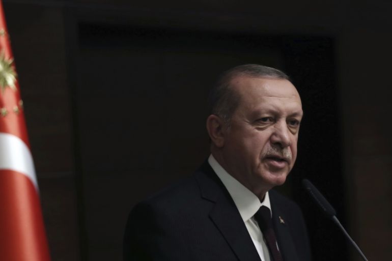 Turkey''s President Recep Tayyip Erdogan speaks to Turkish students in London, Monday, May 14, 2018. [Presidential Press Service/AP]