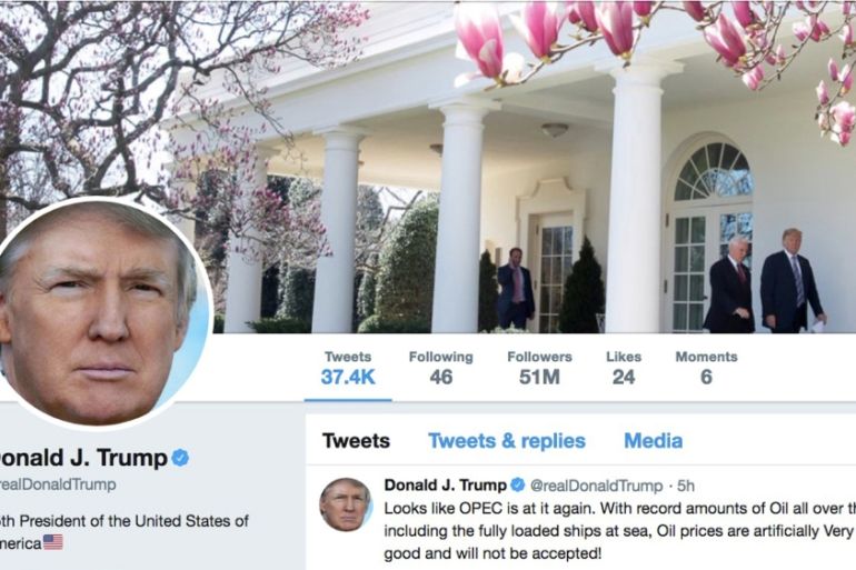 The masthead of U.S. President Donald Trump''s @realDonaldTrump Twitter account