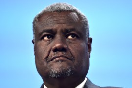 African Union Commission Chairperson Moussa Faki Mahamat holds a joint news conference after an international conference on the Sahel in Brussels, Belgium on February 23, 2018 [Eric Vidal/Reuters]