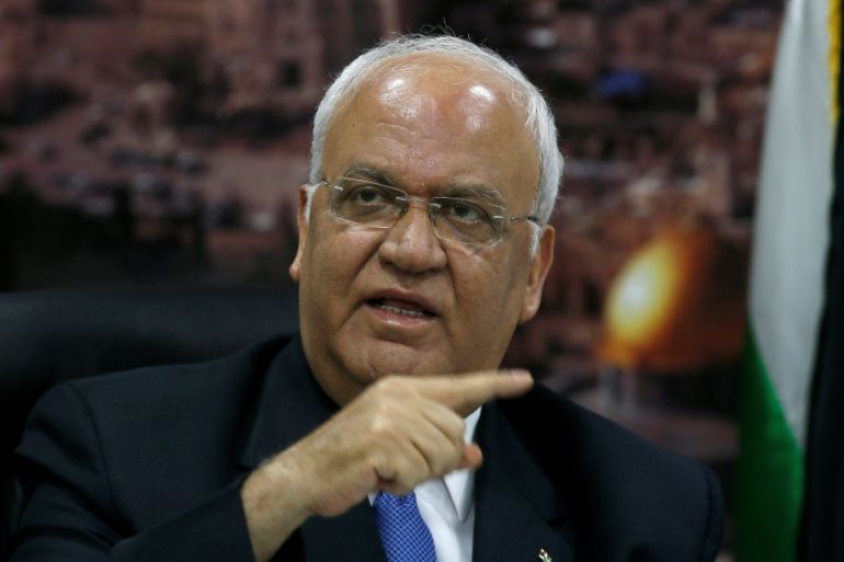 Chief Palestinian negotiator Saeb Erekat gestures during a news conference in Ramallah in the occupied West Bank