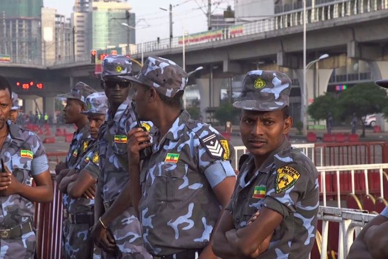 Ethiopian police guarded the scene of the blast