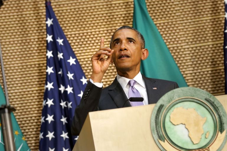 U.S. President Barack Obama talks about presidential term limits during remarks at the African Union in Addis Ababa