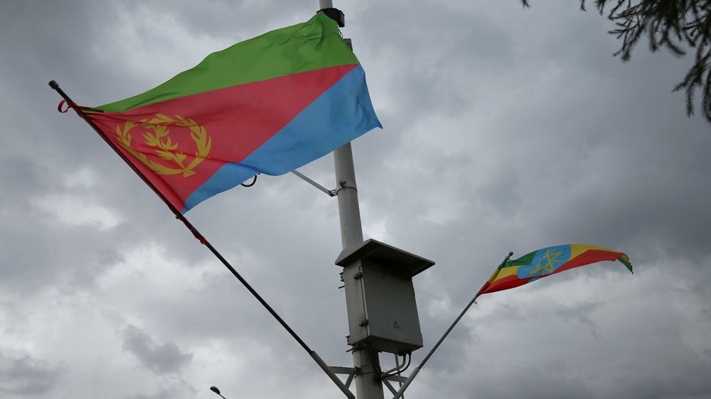Ethiopian and Eritrean flags fluttered during the welcoming ceremony of Eritrean Foreign Minister Osman Saleh and his delegation at the Bole International Airport in Addis Ababa on June 26 [Tiksa Negeri/Reuters]