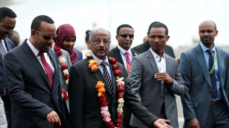 Ethiopia''s Prime Minister Abiy Ahmed welcomes Eritrean Foreign Minister Osman Saleh and his delegation at the Bole International Airport in Addis Ababa